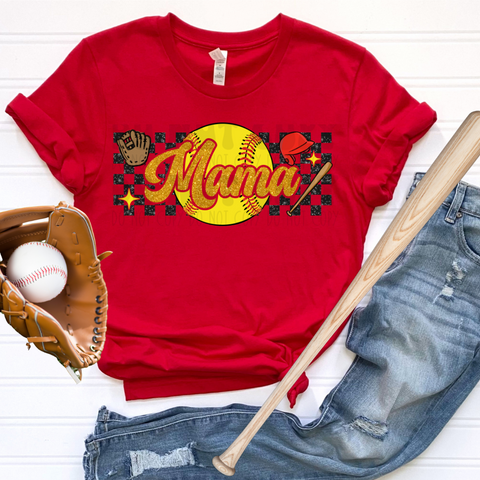 PRE-ORDER - SOFTBALL MAMA CHECKERED BKGRND, ADULT - YOU CHOOSE COLOR
