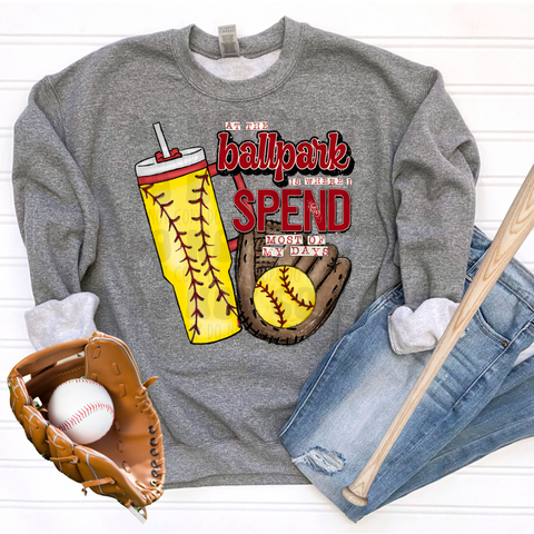 PRE-ORDER - BALLPARK IS WHERE I SPEND MOST DAYS SOFTBALL, ADULT - YOU CHOOSE COLOR