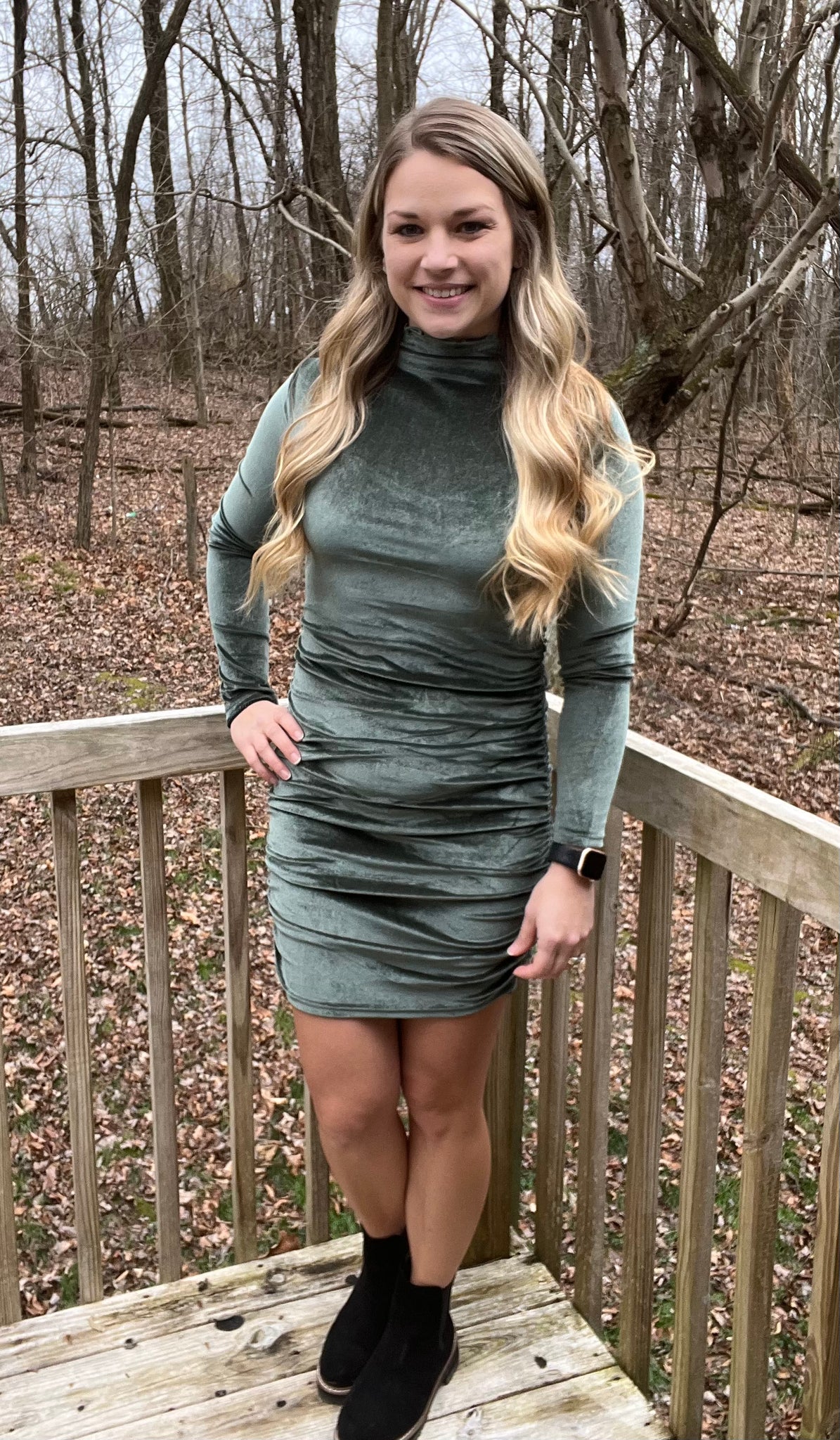 Green Ruched Velour Dress