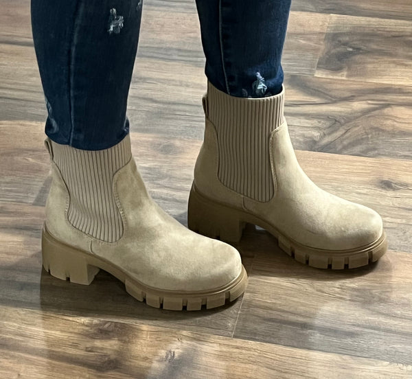 Light Wheat Suede Chunky Ankle Boots