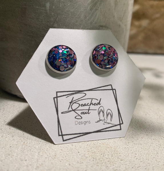 Pink/Blue Glitter 10mm stud earring