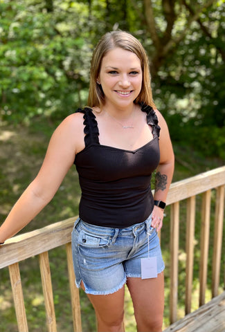 Ruffle Strap Ribbed Black Tank